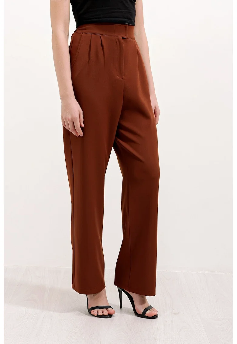 Pantaloni dama, HiCCUP, cu talie inalta, textil, maro scortisoara