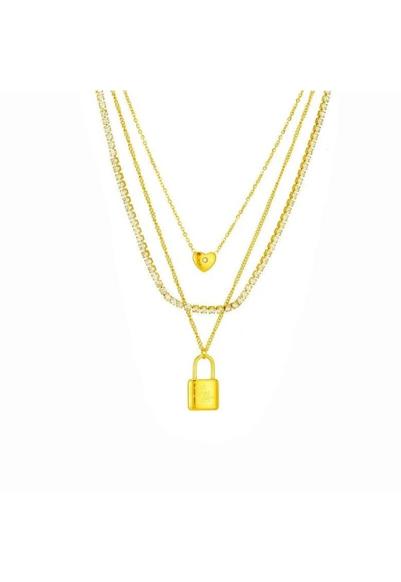 Colier auriu, din otel inoxidabil, suflat cu aur 18k, tennis, in 3 straturi, cu pietre si lacat, Dyveke C1