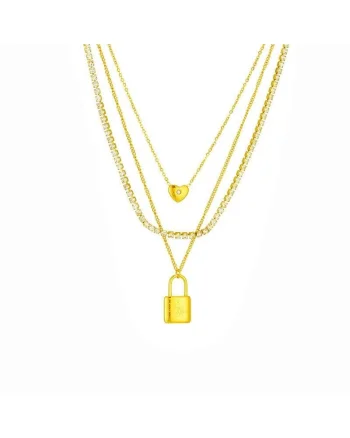 Colier auriu, din otel inoxidabil, suflat cu aur 18k, tennis, in 3 straturi, cu pietre si lacat, Dyveke C1