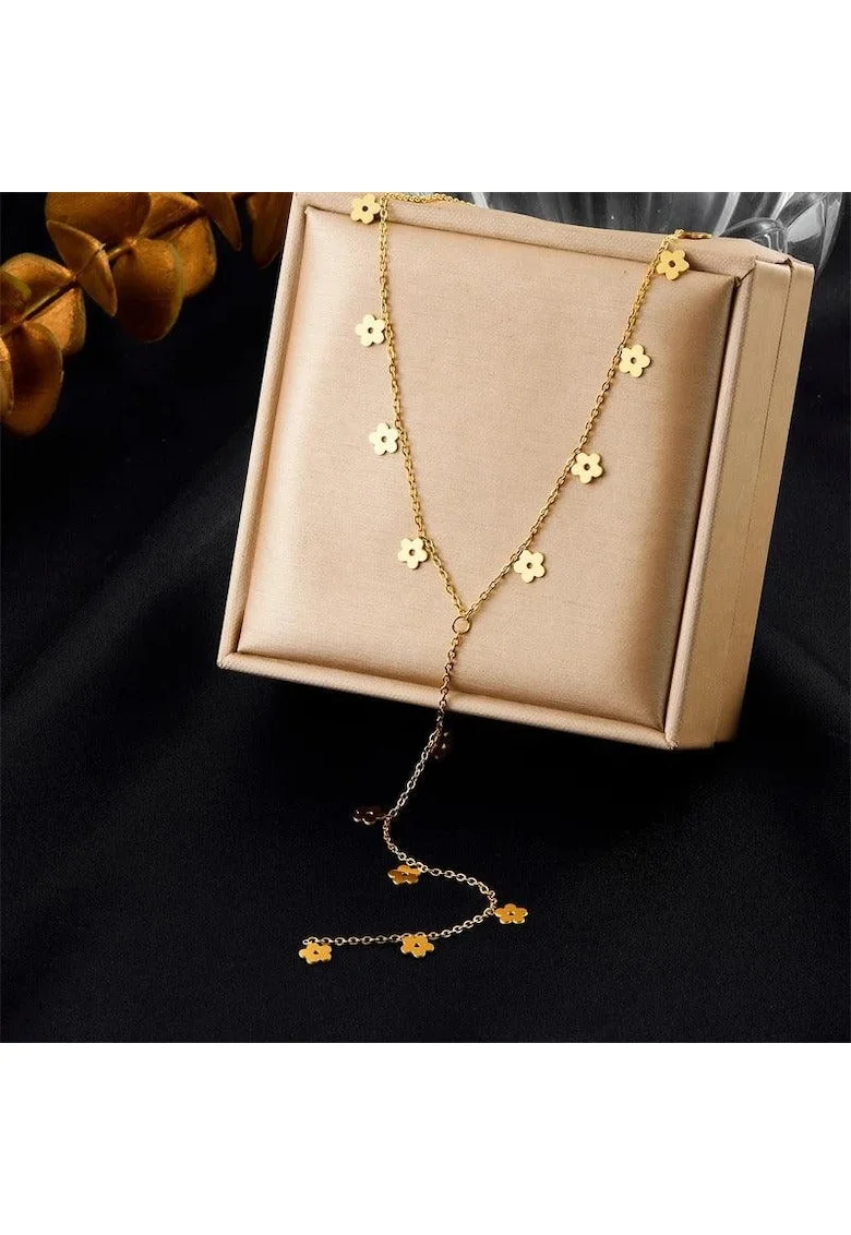 Colier auriu, din otel inoxidabil, suflat cu aur 18k, cu floricele, Dylan C1