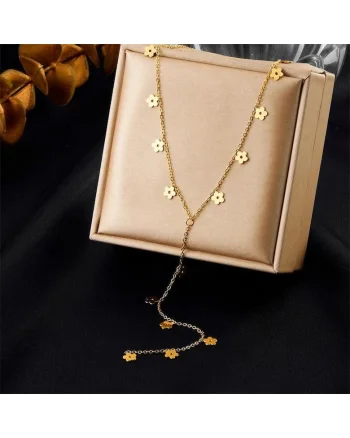 Colier auriu, din otel inoxidabil, suflat cu aur 18k, cu floricele, Dylan C1