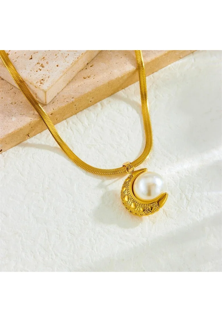 Colier auriu, din otel inoxidabil, suflat cu aur 18k, cu semiluna si perla, Eimy C2