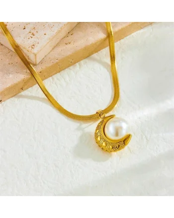 Colier auriu, din otel inoxidabil, suflat cu aur 18k, cu semiluna si perla, Eimy C2