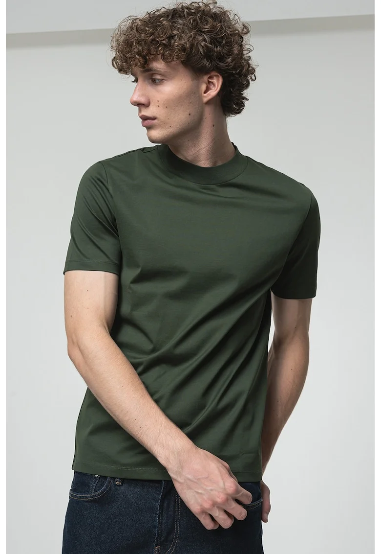 Tricou slim-fit cu guler scurt, Verde padure