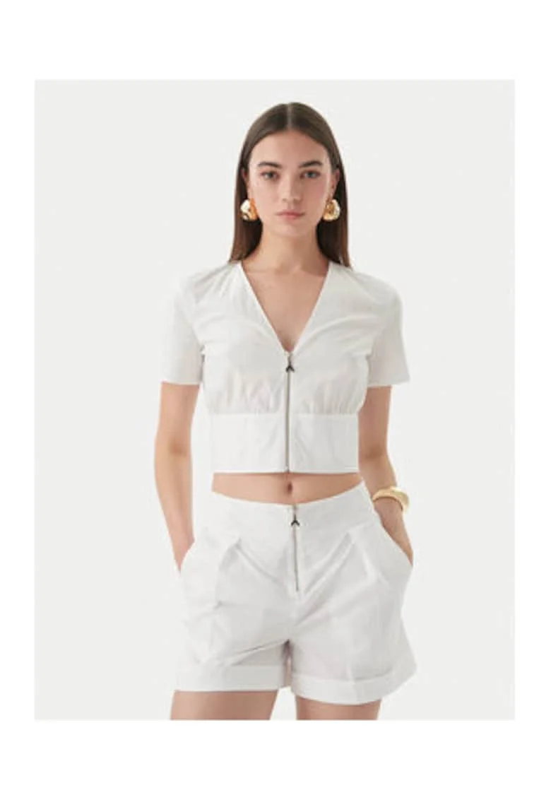 Bluza dama,  alb, bumbac, maneca scurta, decolteu in V, fermoar