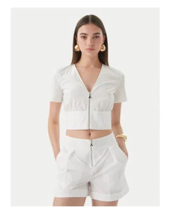 Bluza dama,  alb, bumbac, maneca scurta, decolteu in V, fermoar