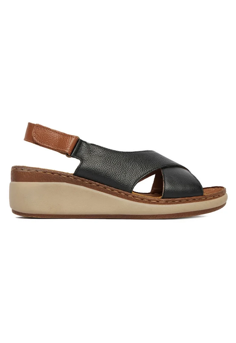 Sandale dama  piele naturala, platforma stabila, negru, inchidere velcro