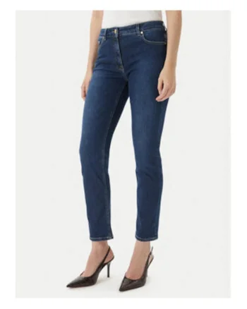 Blugi dama,  bleumarin, talie inalta, croiala conica, bumbac