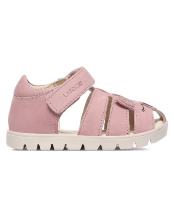 Sandale fete  roz, piele nabuc, inchidere velcro