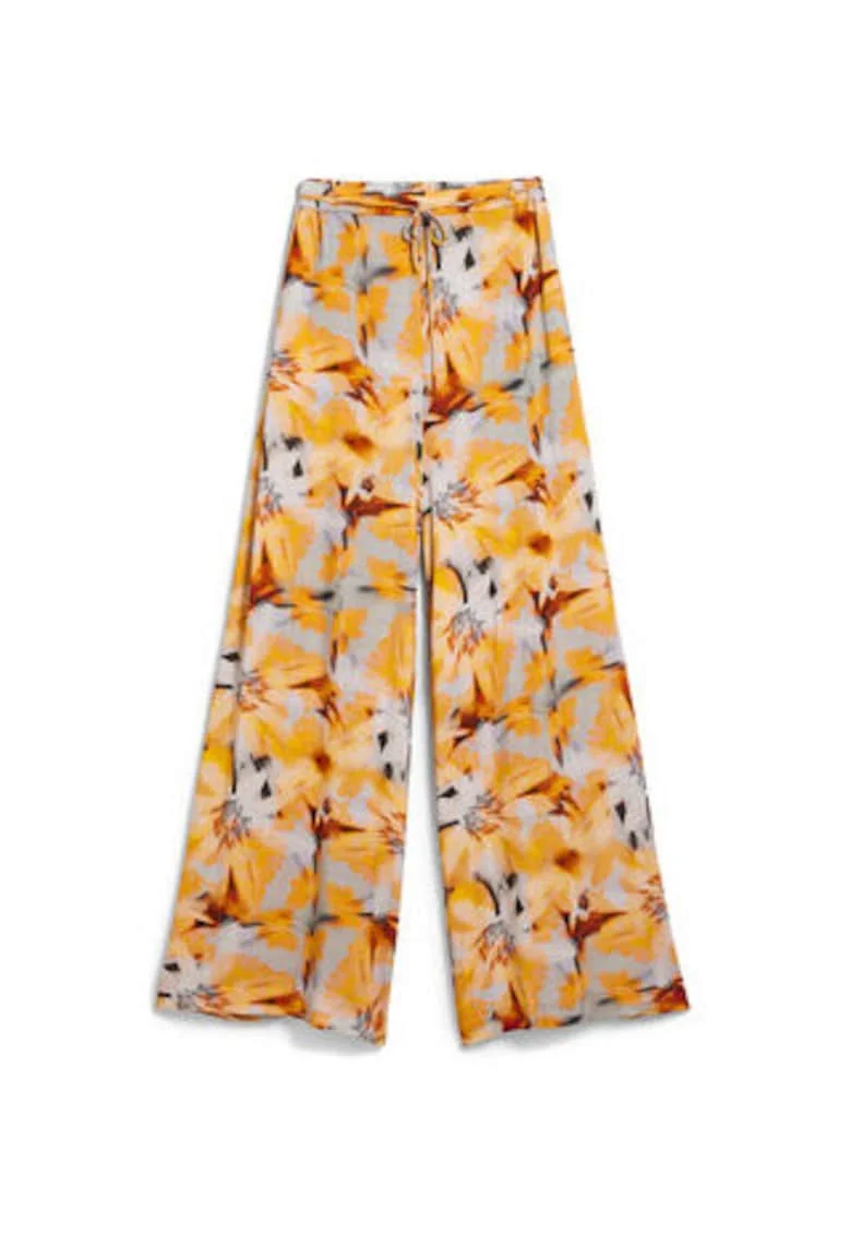 Pantaloni dama,  croiala larga, floral, portocaliu, viscoza, set cu curea