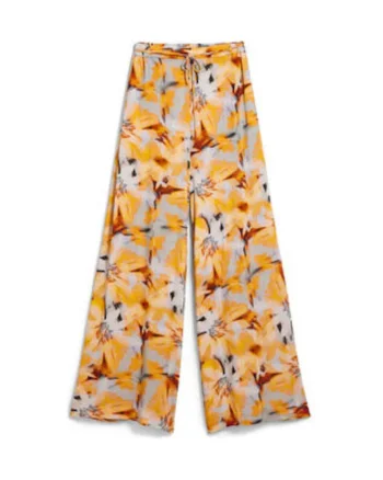 Pantaloni dama,  croiala larga, floral, portocaliu, viscoza, set cu curea