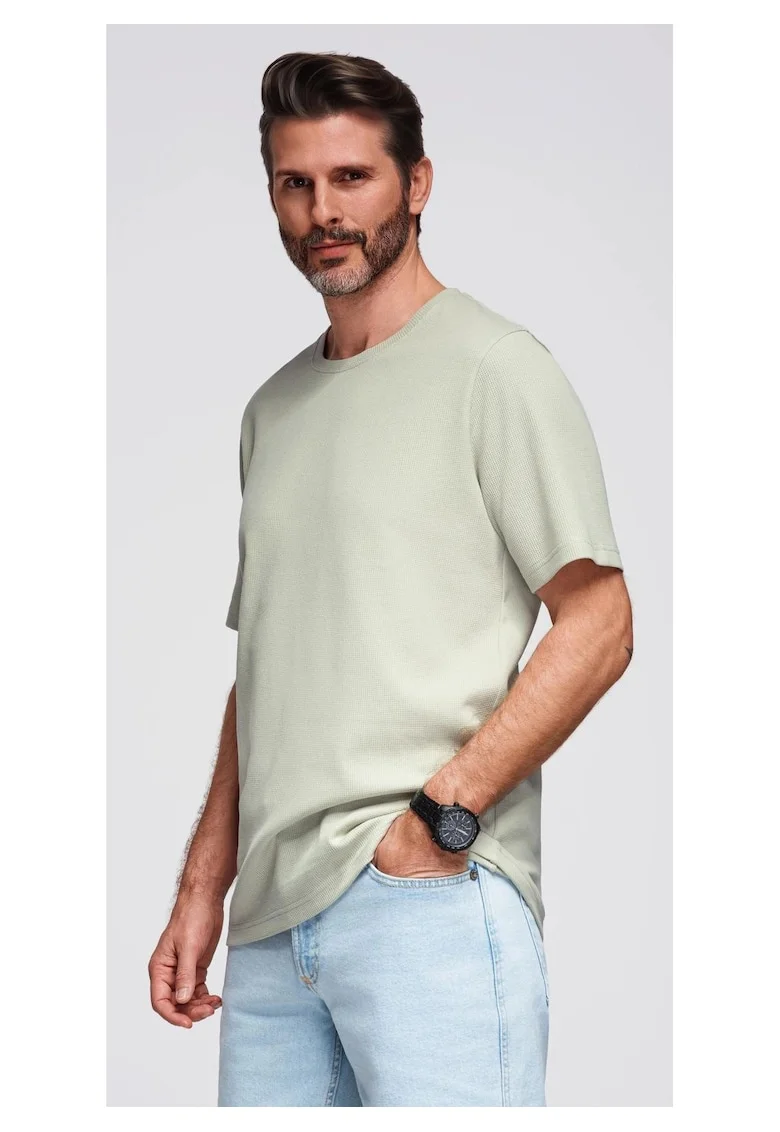 Tricou cu textura tip waffle si decolteu rotund  OM-TSCT-0197, Verde fistic