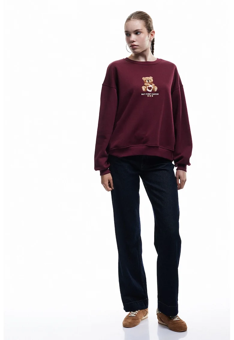 Bluza de trening cu broderie ursulet, Visiniu/Maro deschis