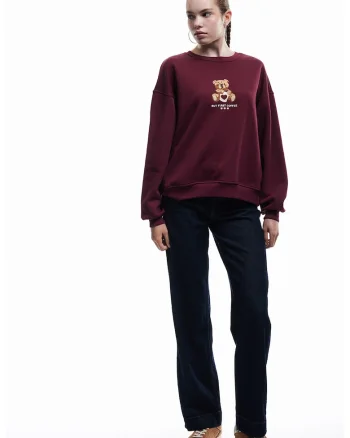 Bluza de trening cu broderie ursulet, Visiniu/Maro deschis
