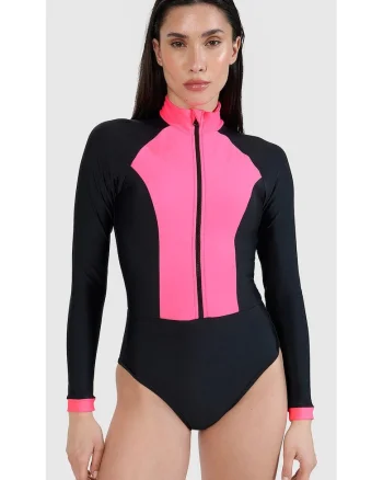 Costum de baie dama  maneca lunga, roz, material elastan