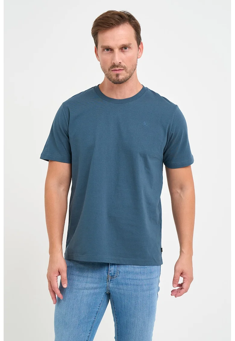 Tricou de bumbac cu decolteu la baza gatului, Albastru prafuit