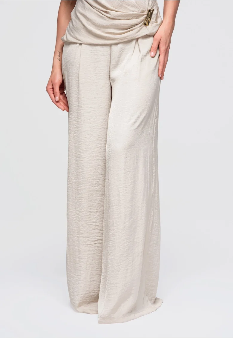 Pantaloni dama cu talie inalta, croiala larga, Bej