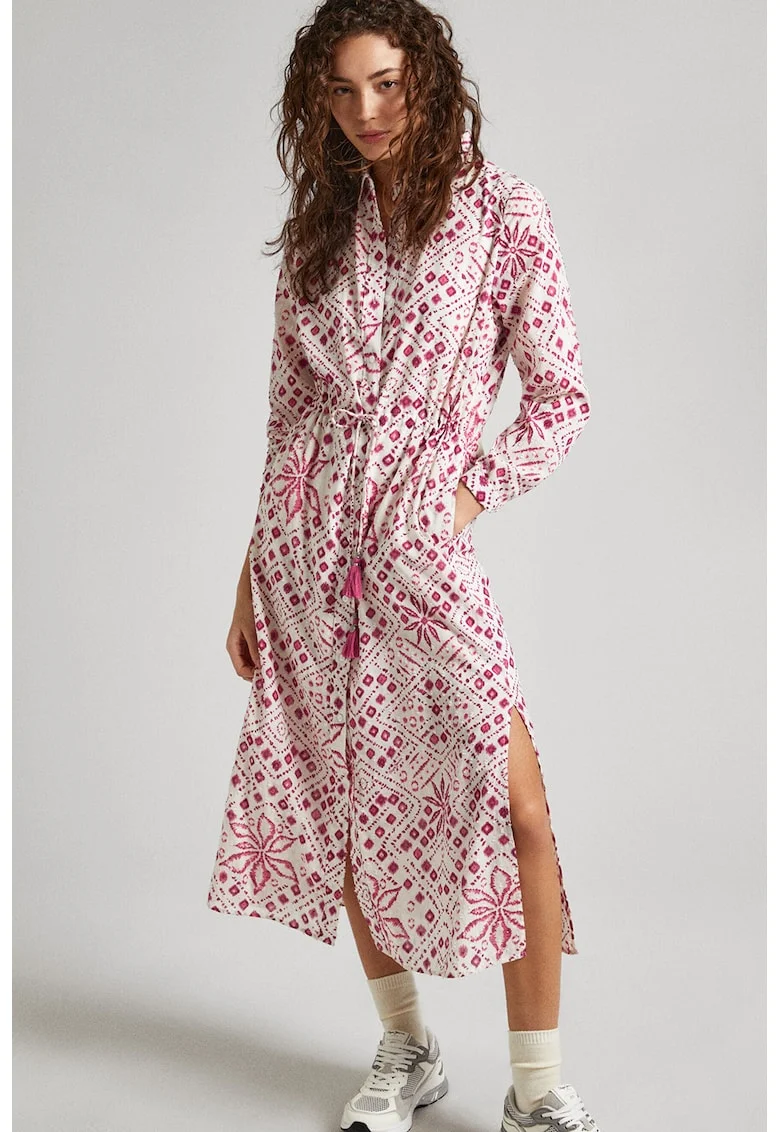 Rochie midi cu model si slituri laterale, Alb murdar/Roz