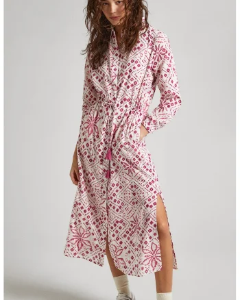Rochie midi cu model si slituri laterale, Alb murdar/Roz