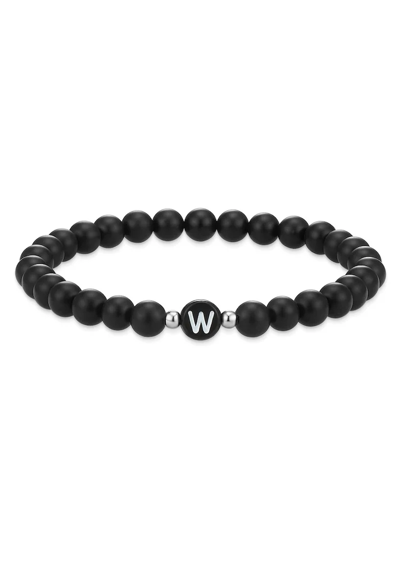 Bratara unisex din agat decorata cu litera W, Negru