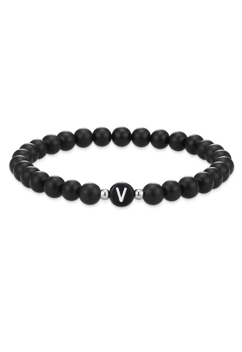 Bratara unisex din agat decorata cu litera V, Negru