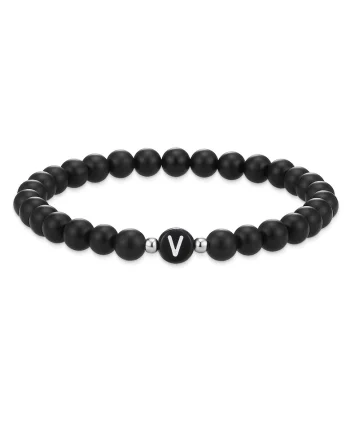 Bratara unisex din agat decorata cu litera V, Negru