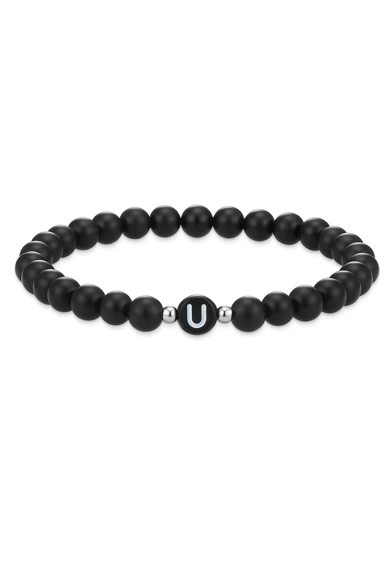 Bratara unisex din agat decorata cu litera U, Negru