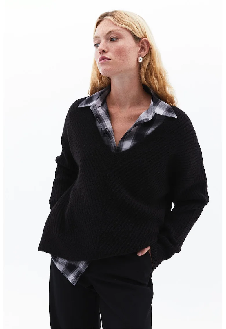 Camasa din flanel cu buzunare pe piept, Negru/Gri deschis