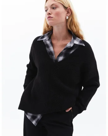 Camasa din flanel cu buzunare pe piept, Negru/Gri deschis