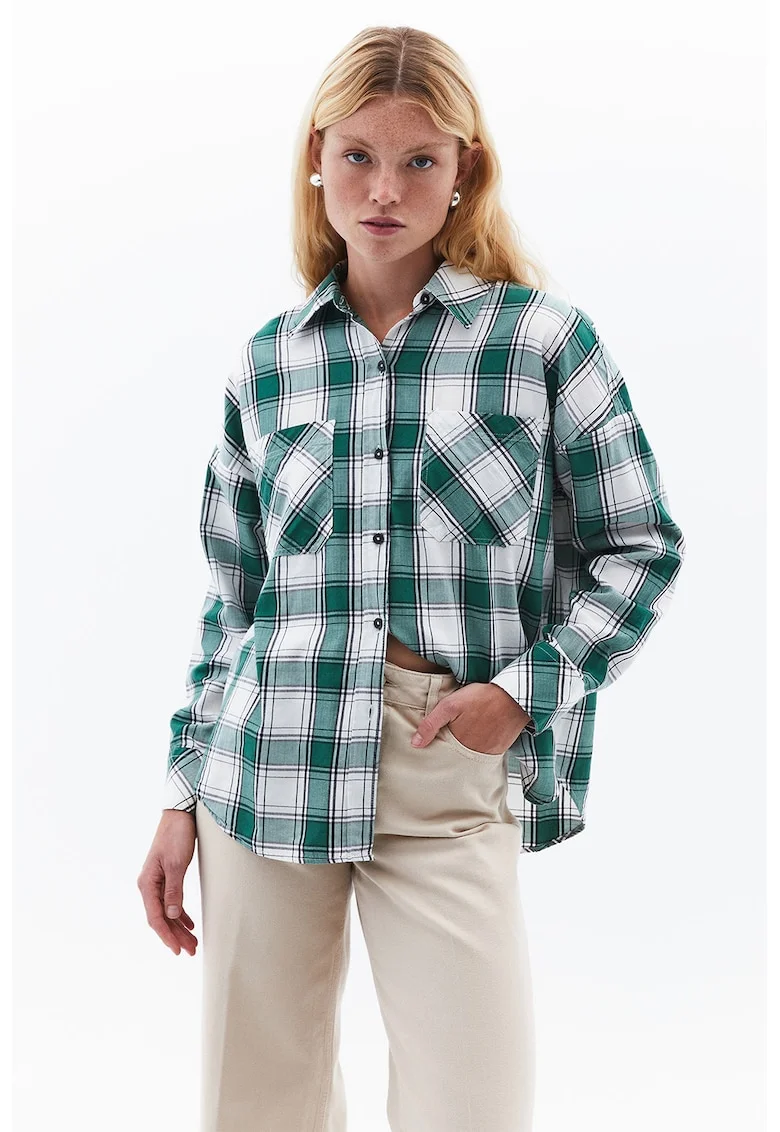 Camasa din flanel cu buzunare pe piept, Verde aquamarin/Alb murdar