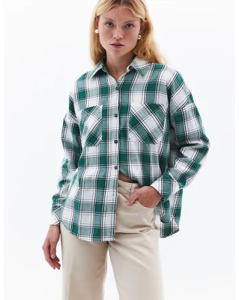 Camasa din flanel cu buzunare pe piept, Verde aquamarin/Alb murdar