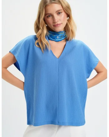 Tricou lejer cu decolteu in V, Albastru