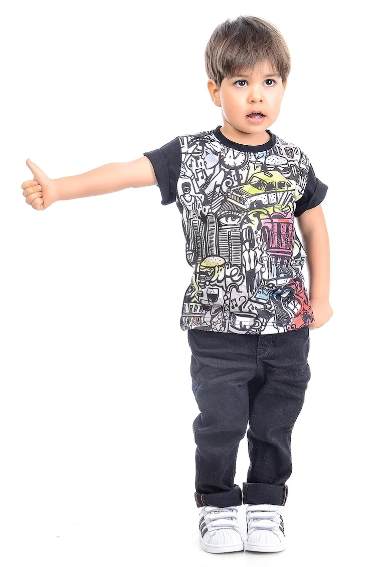 Tricou cu imprimeu grafic, Negru/Alb optic