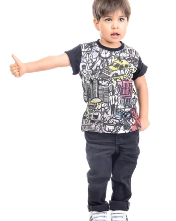 Tricou cu imprimeu grafic, Negru/Alb optic