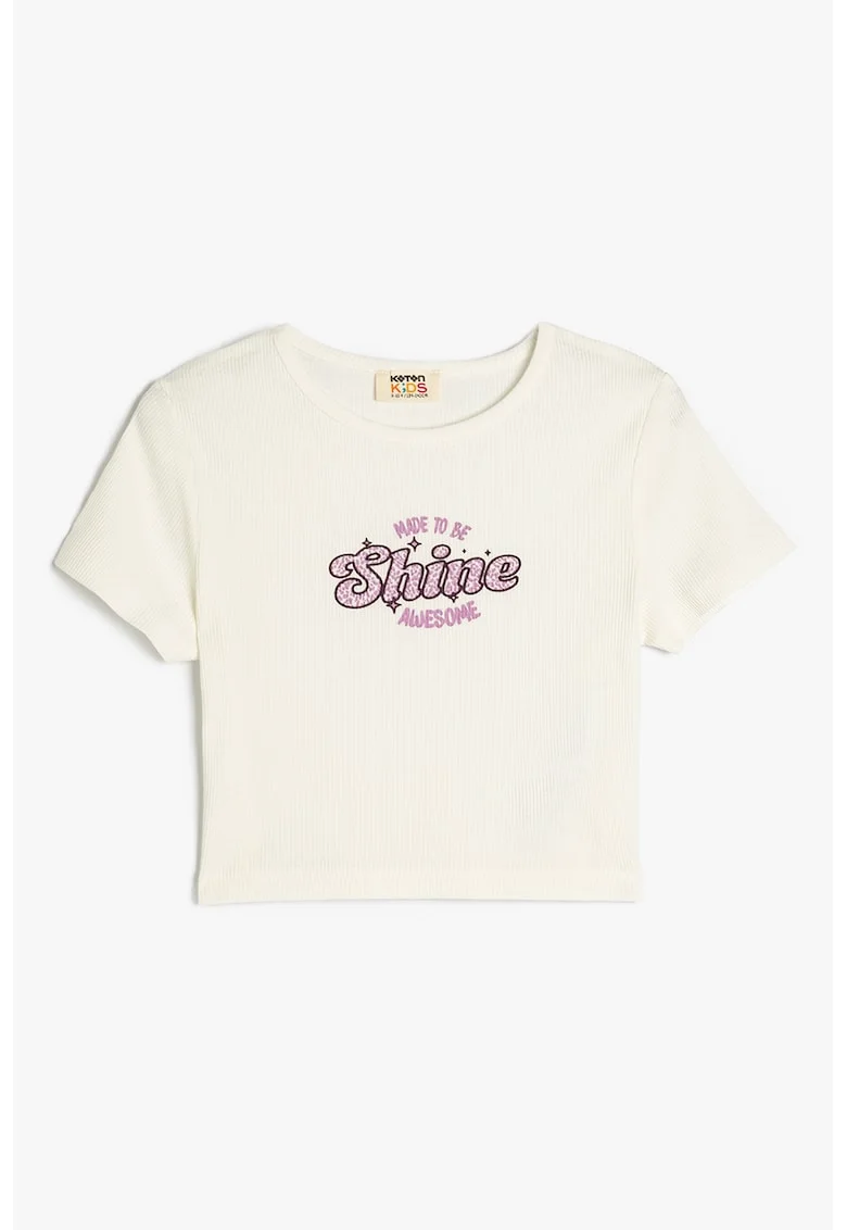 Tricou crop cu imprimeu text, Negru/Lila/Alb murdar