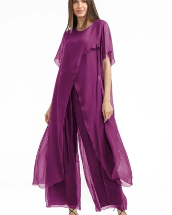 Compleu cu pantaloni lejeri si bluza fluida in colturi lungi, din matase si vascoza, mov zmeura