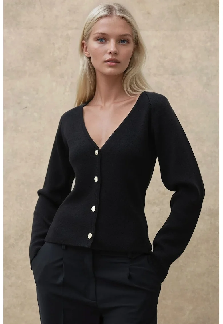 Cardigan,  mulat, decolteu in V, negru, tricot