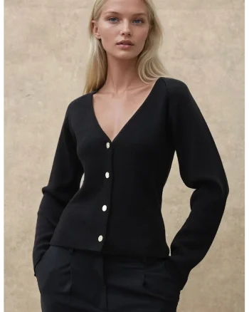 Cardigan,  mulat, decolteu in V, negru, tricot
