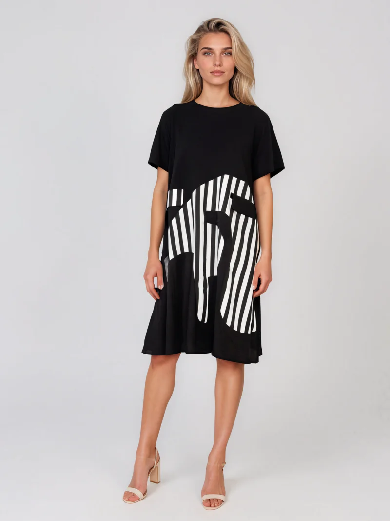 Rochie cu mânecă scurtă și dungi pe poale negru - Unica (XL-3XL)
