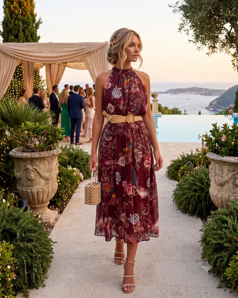 Rochie lungă din bumbac cu print floral și centură în talie grena - Unica S-L