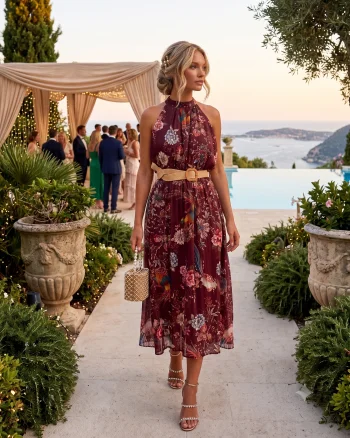 Rochie lungă din bumbac cu print floral și centură în talie grena - Unica S-L