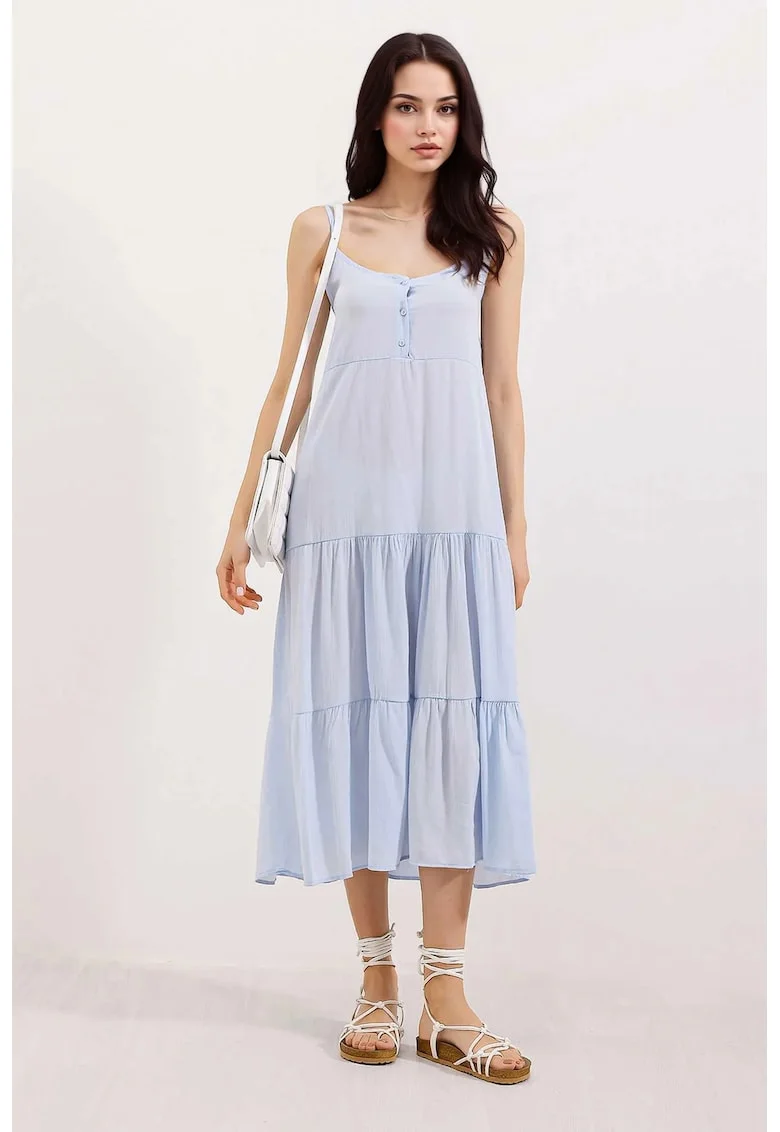Rochie midi dama, HiCCUP, lejera, decolteu patrat, poliester, albastru deschis