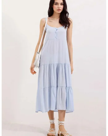 Rochie midi dama, HiCCUP, lejera, decolteu patrat, poliester, albastru deschis