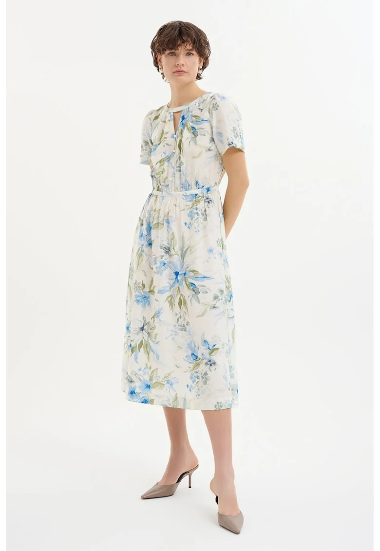 Rochie midi cu croiala in A si model floral, Albastru pastel/Verde deschis/Alb murdar