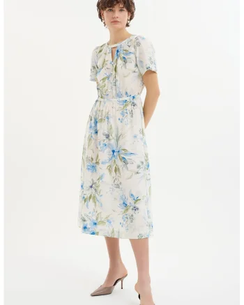 Rochie midi cu croiala in A si model floral, Albastru pastel/Verde deschis/Alb murdar