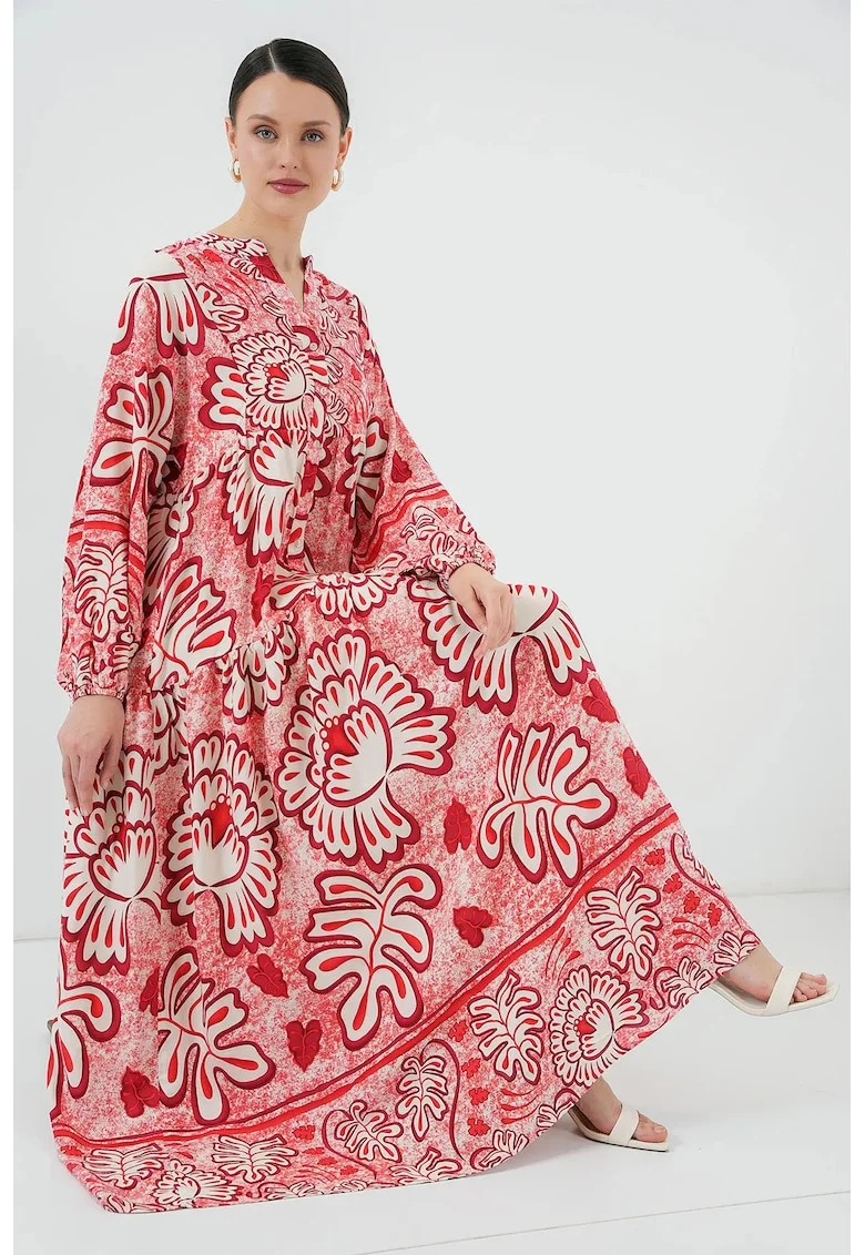 Rochie maxi dama, cu imprimeu, HiCCUP, decolteu in V, viscoza, alb/rosu