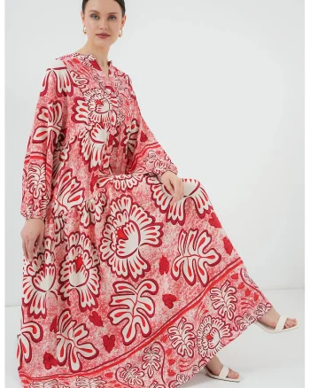 Rochie maxi dama, cu imprimeu, HiCCUP, decolteu in V, viscoza, alb/rosu
