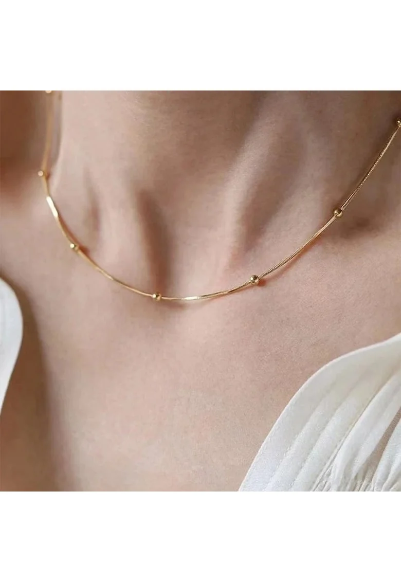 Colier auriu, din otel inoxidabil, suflat cu aur 18k, cu bilute delicate, Iraida C4