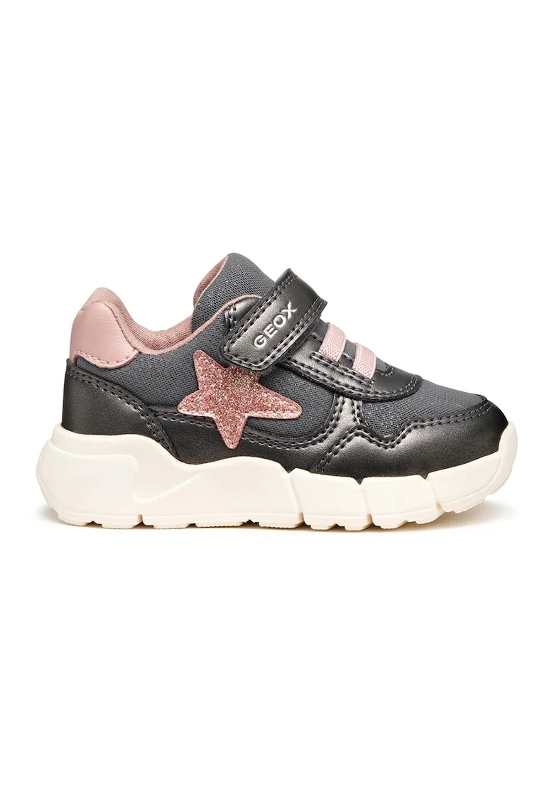 Pantofi sport de piele ecologica si material textil cu model stralucitor, Roz deschis/Gri inchis