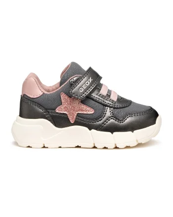 Pantofi sport de piele ecologica si material textil cu model stralucitor, Roz deschis/Gri inchis